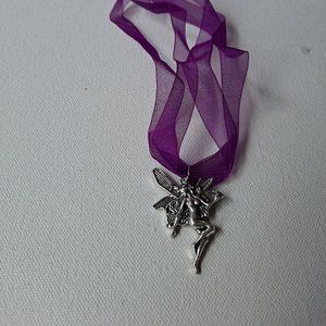 Pewter dancing faerie Pendant on Purple Ribbon Choker